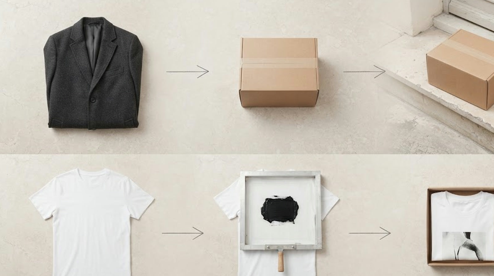 Zwei Wege f&uuml;r eine Bestellung: Ein fertiger Wollmantel kommt in einen Karton und zur Haust&uuml;r des Kunden, ein unbedrucktes T-Shirt wird erst per Siebdruck bedruckt und dann verpackt