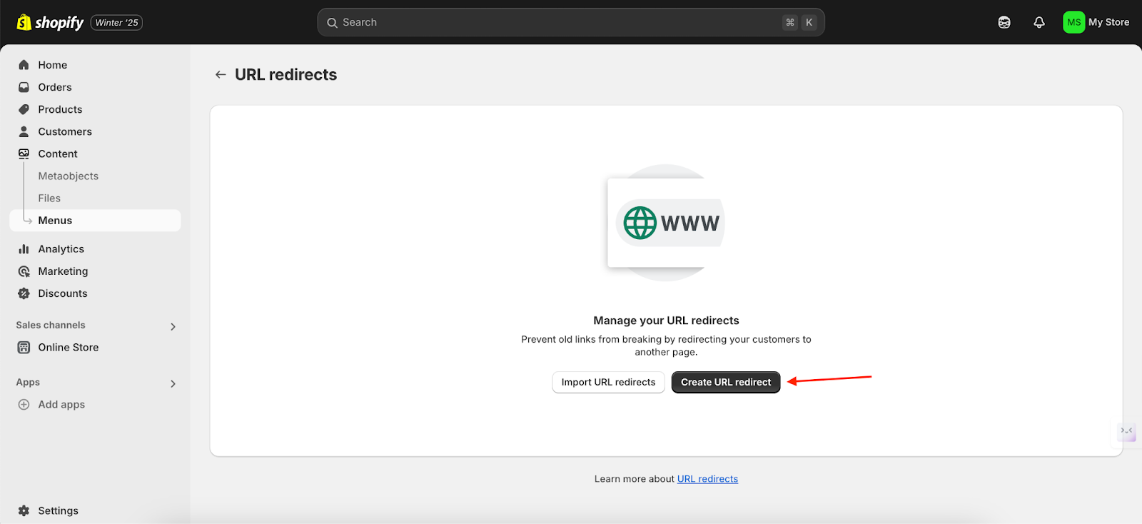 shopify create URL redirect