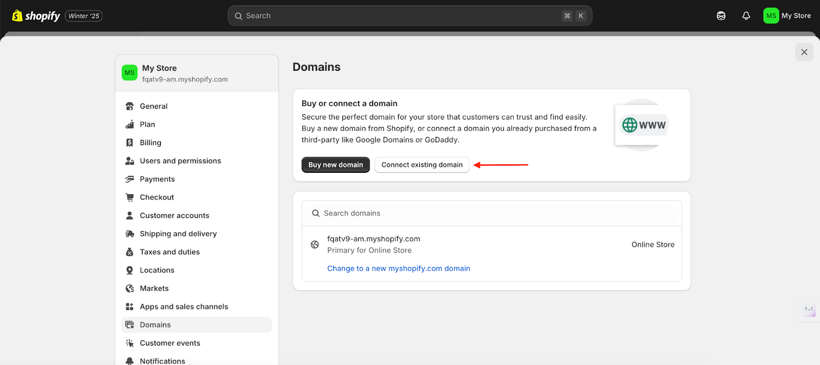 shopify connect existing domain