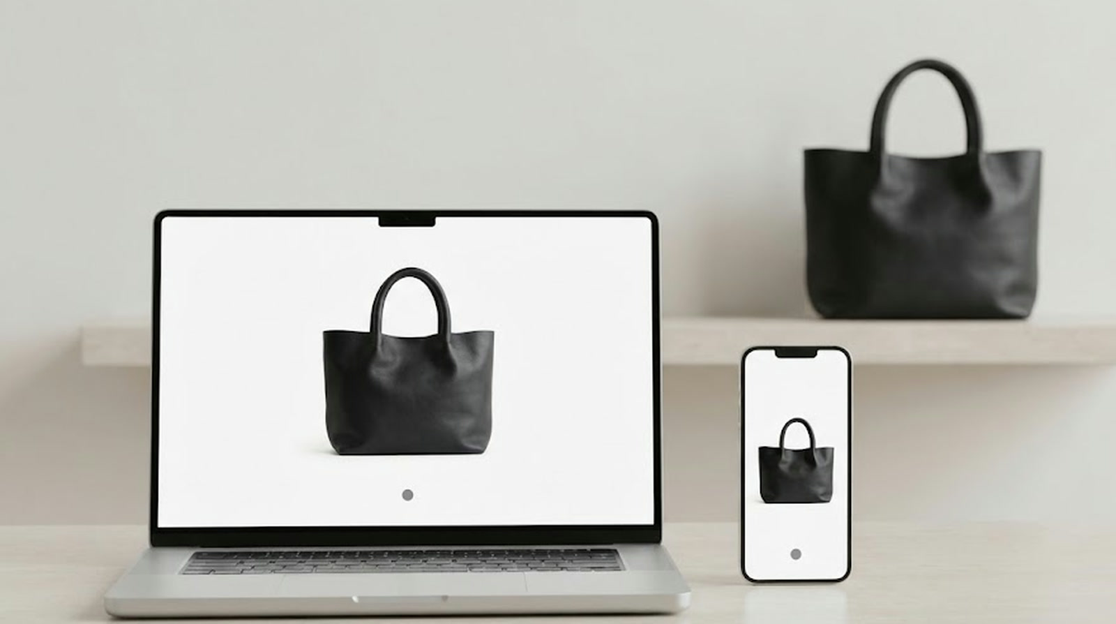 Un port&aacute;til y un smartphone muestran el mismo bolso con el mismo indicador de disponibilidad, y detr&aacute;s, en una estanter&iacute;a, est&aacute; el &uacute;nico bolso real
