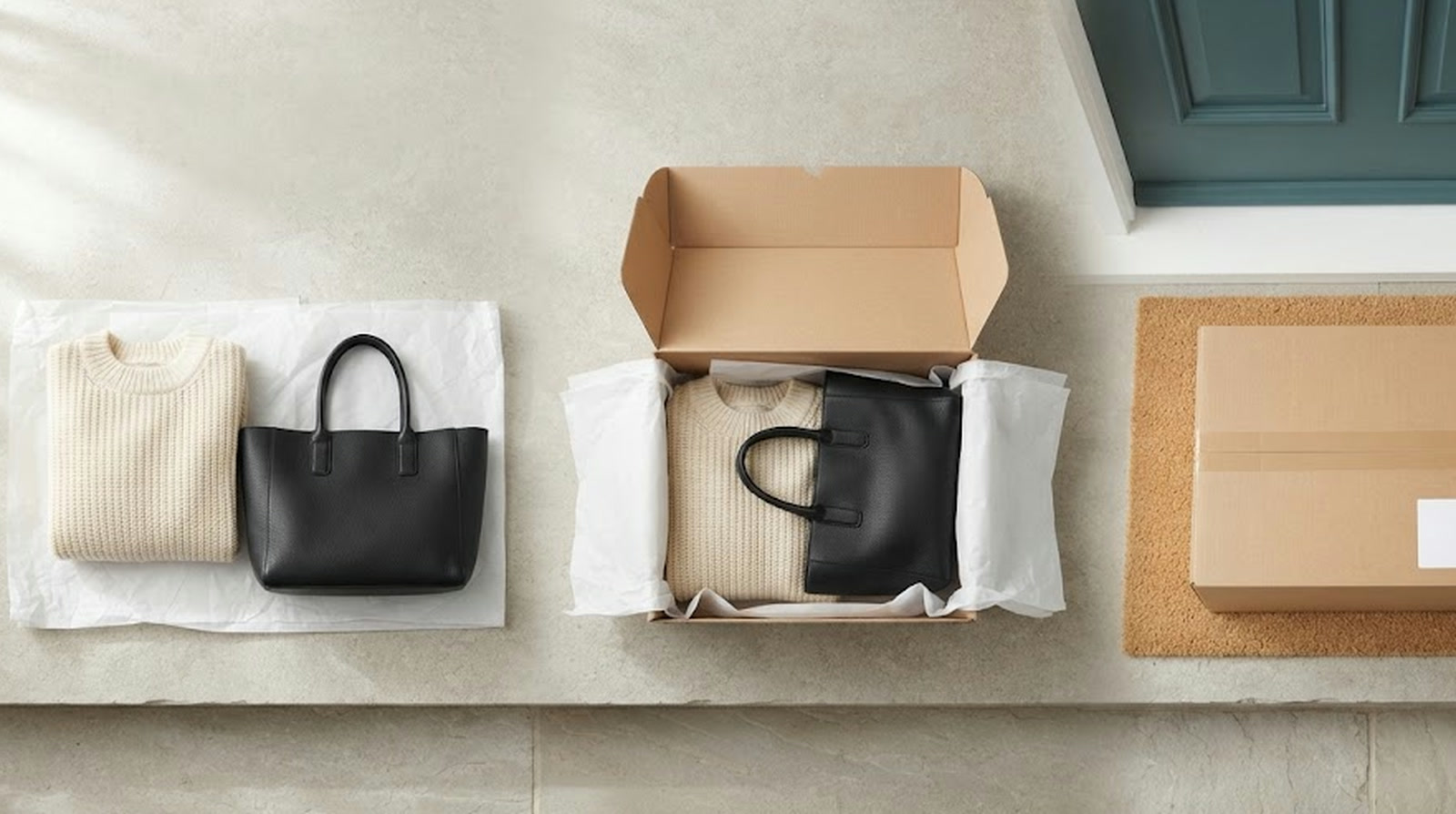 Drei Stationen einer Bestellung von links nach rechts: ein Pullover und eine Handtasche auf Seidenpapier, dieselben Artikel in einem offenen Karton aus Kraftpapier und der verschlossene Karton auf einer Fu&szlig;matte vor einer Haust&uuml;r