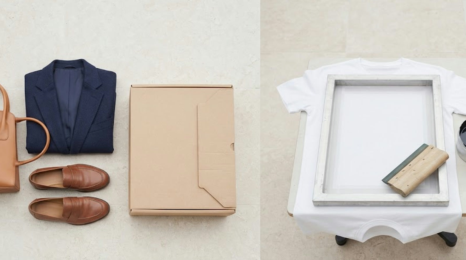 Finished designer clothing, a handbag and loafers beside a shipping box on the left, and a blank white t-shirt on a screen-printing press on the right
