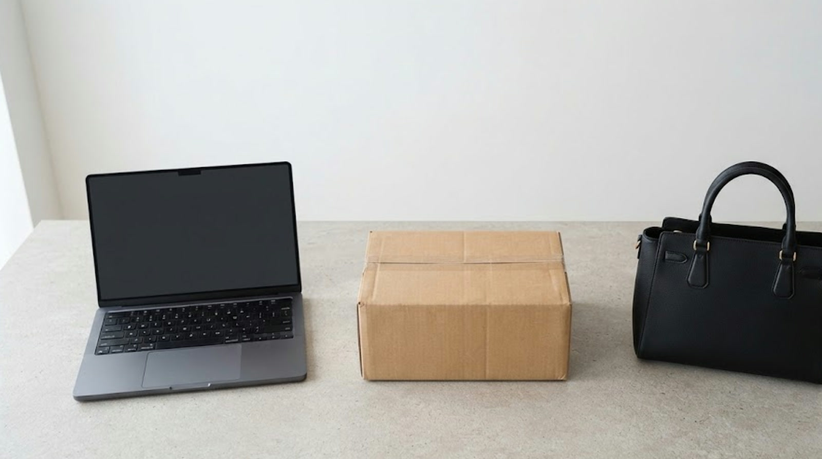 Ein Laptop mit dunklem Bildschirm, ein verschlossener Versandkarton und eine schwarze Lederhandtasche auf einer sonst leeren Tischplatte, ohne Lagerregale im Hintergrund