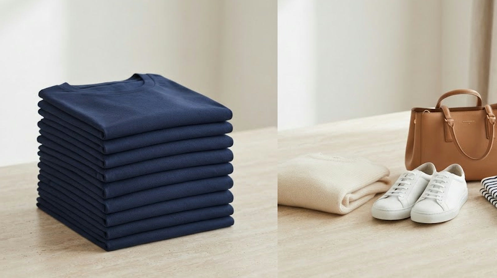 Links ein hoher Stapel identischer gefalteter Hemden, rechts daneben eine kleine gemischte Auswahl aus Pullover, Sneakern, Handtasche und Hemd
